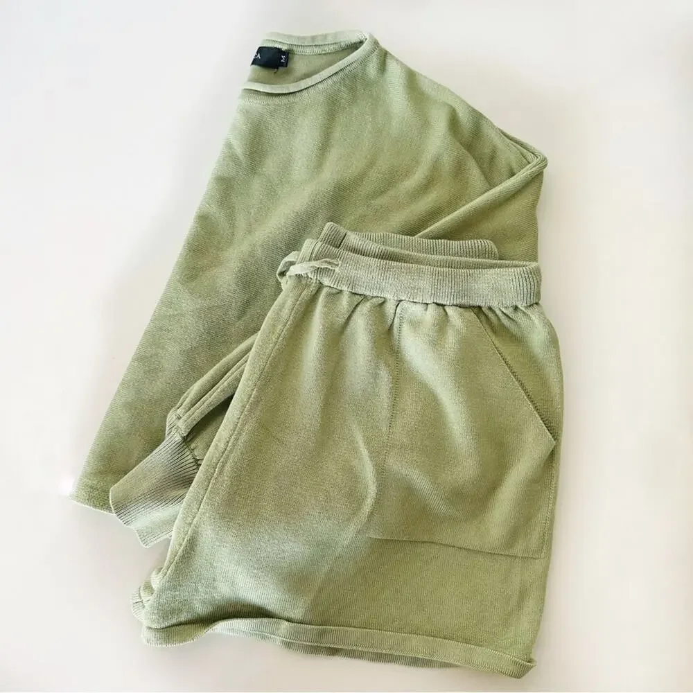 NEW ZESICA Sage Green Crop Bubble Long Sleeve Sweater Tie Pockets Shorts Set M - Picture 3 of 12